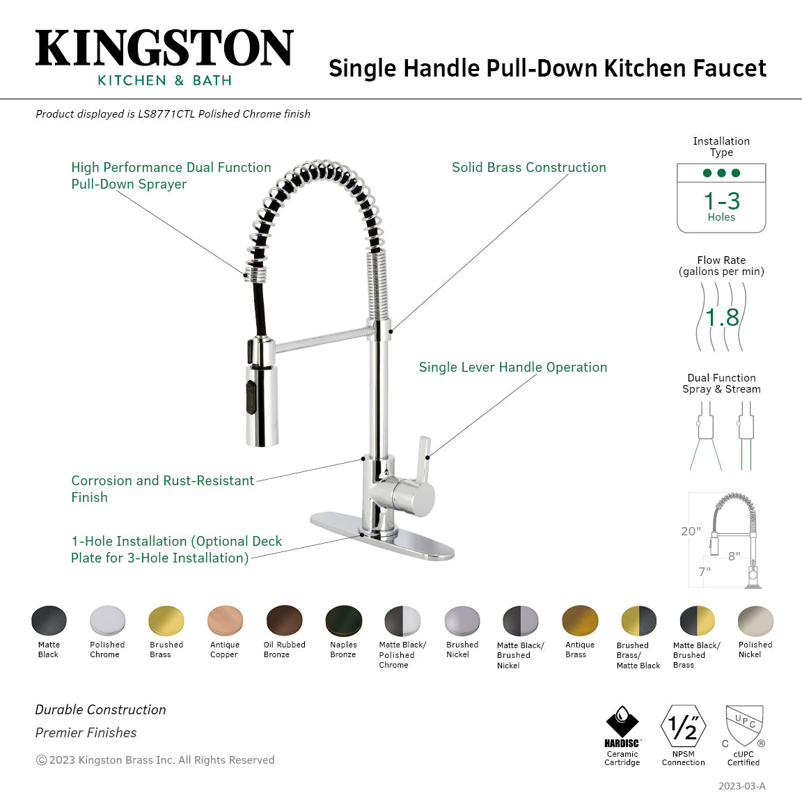 Kingston Sona LS877CTLBBMB - Continental Single-Handle 1-Hole Deck Mount Pre-Rinse Kitchen Faucet, Brushed Brass/Matte Black — thumbnail 2